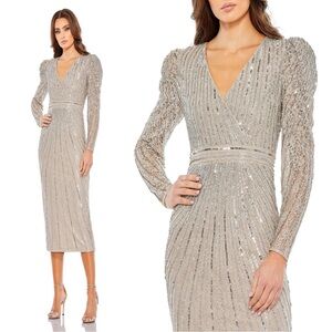 Mac Duggal Silver Sequin Midi Dress